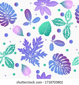Vector decorative Floral background with gradient Tropical plants leaves seamless pattern. Colorful  jungle foliage trendy background.