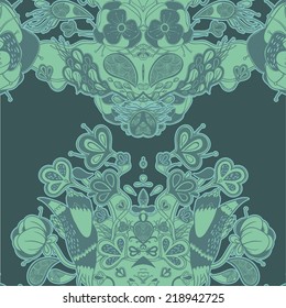 Vector decorative floral background, illustration with gorgeous ornamental frame. Pattern with unique flowers and birds. Can be used as greeting card, invitations,postcard.