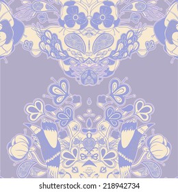 Vector decorative floral background, illustration with gorgeous ornamental frame. Pattern with unique flowers and birds. Can be used as greeting card, invitations,postcard.