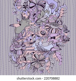 Vector decorative floral background, illustration with gorgeous ornamental frame. Pattern with unique flowers and birds. Can be used as greeting card, invitations,postcard.