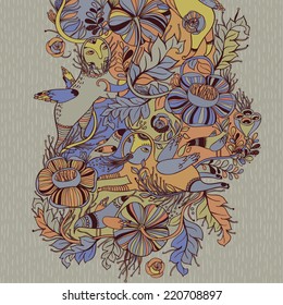 Vector decorative floral background, illustration with gorgeous ornamental frame. Pattern with unique flowers and birds. Can be used as greeting card, invitations,postcard.