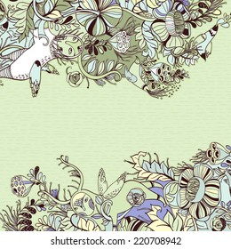 Vector decorative floral background, illustration with gorgeous ornamental frame. Pattern with unique flowers and birds. Can be used as greeting card, invitations,postcard.