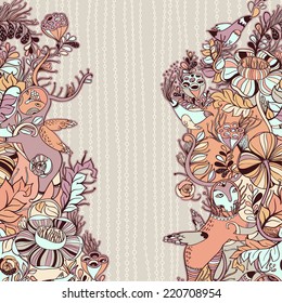 Vector decorative floral background, illustration with gorgeous ornamental frame. Pattern with unique flowers and birds. Can be used as greeting card, invitations,postcard.