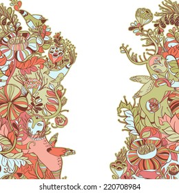 Vector decorative floral background, illustration with gorgeous ornamental frame. Pattern with unique flowers and birds. Can be used as greeting card, invitations,postcard.