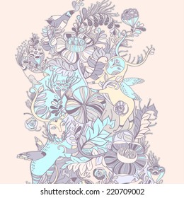 Vector decorative floral background, illustration with gorgeous ornamental frame. Pattern with unique flowers and birds. Can be used as greeting card, invitations,postcard.