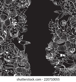 Vector decorative floral background, illustration with gorgeous ornamental frame. Pattern with unique flowers and birds. Can be used as greeting card, invitations,postcard.