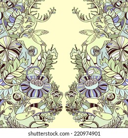 Vector decorative floral background, illustration with gorgeous ornamental frame. Pattern with unique flowers, birds and fabulous creatures. Can be used as greeting card, invitations,postcard.