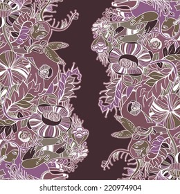 Vector decorative floral background, illustration with gorgeous ornamental frame. Pattern with unique flowers, birds and fabulous creatures. Can be used as greeting card, invitations,postcard.