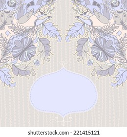 Vector decorative floral background, illustration with gorgeous ornamental frame. Pattern with unique flowers, birds and fabulous creatures. Can be used as greeting card, invitations, postcard.