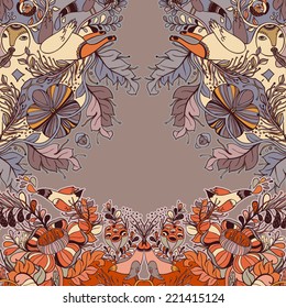 Vector decorative floral background, illustration with gorgeous ornamental frame. Pattern with unique flowers, birds and fabulous creatures. Can be used as greeting card, invitations, postcard.
