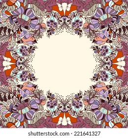 Vector decorative floral background, illustration with gorgeous ornamental frame. Pattern with unique flowers, birds and fabulous creatures. Can be used as greeting card, invitations,postcard.