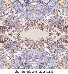 Vector decorative floral background, illustration with gorgeous ornamental frame. Pattern with unique flowers, birds and fabulous creatures. Can be used as greeting card, invitations,postcard.