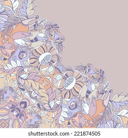 Vector decorative floral background, illustration with gorgeous ornamental frame. Pattern with unique flowers, birds and fabulous creatures. Can be used as greeting card, invitations, postcard. 
