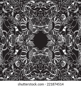 Vector decorative floral background, illustration with gorgeous ornamental frame. Pattern with unique flowers, birds and fabulous creatures. Can be used as greeting card, invitations, postcard. 