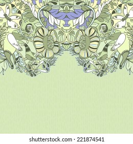 Vector decorative floral background, illustration with gorgeous ornamental frame. Pattern with unique flowers, birds and fabulous creatures. Can be used as greeting card, invitations, postcard. 