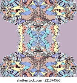 Vector decorative floral background, illustration with gorgeous ornamental frame. Pattern with unique flowers, birds and fabulous creatures. Can be used as greeting card, invitations, postcard. 