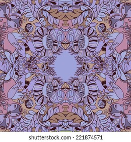Vector decorative floral background, illustration with gorgeous ornamental frame. Pattern with unique flowers, birds and fabulous creatures. Can be used as greeting card, invitations, postcard. 