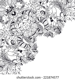 Vector decorative floral background, illustration with gorgeous ornamental frame. Pattern with unique flowers, birds and fabulous creatures. Can be used as greeting card, invitations, postcard. 