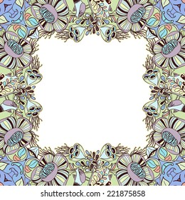 Vector decorative floral background, illustration with gorgeous ornamental frame. Pattern with unique flowers, birds and fabulous creatures. Can be used as greeting card, invitations,postcard.