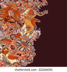 Vector decorative floral background, illustration with gorgeous ornamental frame. Pattern with unique flowers, birds and fabulous creatures. Can be used as greeting card, invitations, postcard.