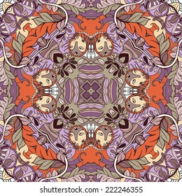 Vector decorative floral background, illustration with gorgeous ornamental frame. Pattern with unique flowers, birds and fabulous creatures. Can be used as greeting card, invitations, postcard.