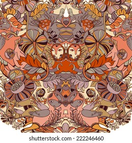 Vector decorative floral background, illustration with gorgeous ornamental frame. Pattern with unique flowers, birds and fabulous creatures. Can be used as greeting card, invitations, postcard.
