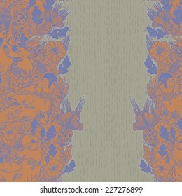Vector decorative floral background, illustration with gorgeous ornamental frame. Pattern with unique flowers, birds and fabulous creatures. Can be used as greeting card, invitations, postcard.