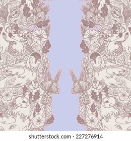 Vector decorative floral background, illustration with gorgeous ornamental frame. Pattern with unique flowers, birds and fabulous creatures. Can be used as greeting card, invitations, postcard.