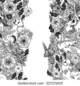 Vector decorative floral background, illustration with gorgeous ornamental frame. Pattern with unique flowers, birds and fabulous creatures. Can be used as greeting card, invitations, postcard.