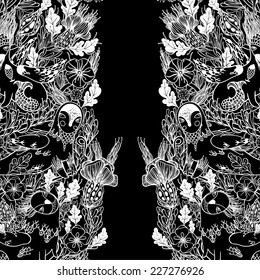 Vector decorative floral background, illustration with gorgeous ornamental frame. Pattern with unique flowers, birds and fabulous creatures. Can be used as greeting card, invitations, postcard.