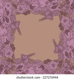 Vector decorative floral background, illustration with gorgeous ornamental frame. Pattern with unique flowers, birds and fabulous creatures. Can be used as greeting card, invitations, postcard.