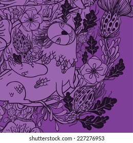 Vector decorative floral background, illustration with gorgeous ornamental frame. Pattern with unique flowers, birds and fabulous creatures. Can be used as greeting card, invitations, postcard.