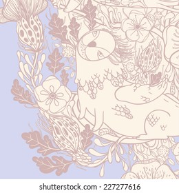 Vector decorative floral background, illustration with gorgeous ornamental frame. Pattern with unique flowers, birds and fabulous creatures. Can be used as greeting card, invitations, postcard.