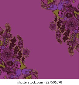 Vector decorative floral background, illustration with gorgeous ornamental frame. Pattern with unique flowers, birds and fabulous creatures. Can be used as greeting card, invitations, postcard. 