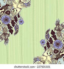 Vector decorative floral background, illustration with gorgeous ornamental frame. Pattern with unique flowers, birds and fabulous creatures. Can be used as greeting card, invitations, postcard. 