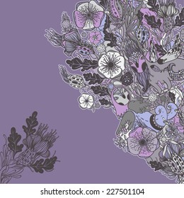 Vector decorative floral background, illustration with gorgeous ornamental frame. Pattern with unique flowers, birds and fabulous creatures. Can be used as greeting card, invitations, postcard. 