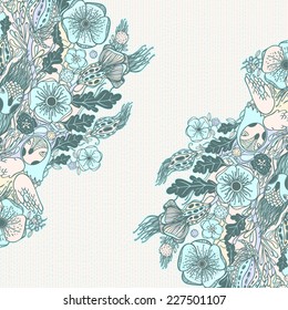 Vector decorative floral background, illustration with gorgeous ornamental frame. Pattern with unique flowers, birds and fabulous creatures. Can be used as greeting card, invitations, postcard. 
