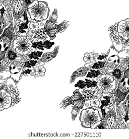 Vector decorative floral background, illustration with gorgeous ornamental frame. Pattern with unique flowers, birds and fabulous creatures. Can be used as greeting card, invitations, postcard. 