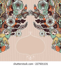 Vector decorative floral background, illustration with gorgeous ornamental frame. Pattern with unique flowers, birds and fabulous creatures. Can be used as greeting card, invitations, postcard. 