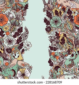 Vector decorative floral background, illustration with gorgeous ornamental frame. Pattern with unique flowers, birds and fabulous creatures. Can be used as greeting card, invitations, postcard.