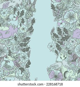 Vector decorative floral background, illustration with gorgeous ornamental frame. Pattern with unique flowers, birds and fabulous creatures. Can be used as greeting card, invitations, postcard.
