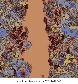 Vector decorative floral background, illustration with gorgeous ornamental frame. Pattern with unique flowers, birds and fabulous creatures. Can be used as greeting card, invitations, postcard.