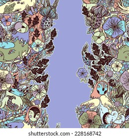 Vector decorative floral background, illustration with gorgeous ornamental frame. Pattern with unique flowers, birds and fabulous creatures. Can be used as greeting card, invitations, postcard.
