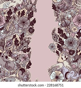 Vector decorative floral background, illustration with gorgeous ornamental frame. Pattern with unique flowers, birds and fabulous creatures. Can be used as greeting card, invitations, postcard.