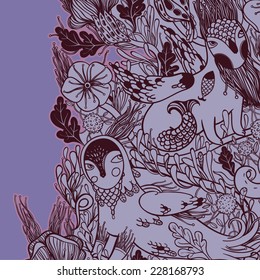 Vector decorative floral background, illustration with gorgeous ornamental frame. Pattern with unique flowers, birds and fabulous creatures. Can be used as greeting card, invitations, postcard.