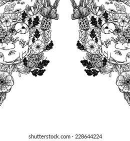Vector decorative floral background, illustration with gorgeous ornamental frame. Pattern with unique flowers, birds and fabulous creatures. Can be used as greeting card, invitations, postcard.
