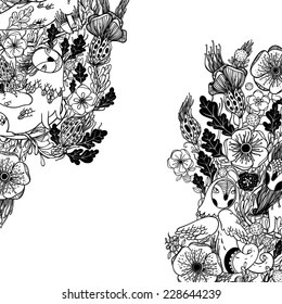 Vector decorative floral background, illustration with gorgeous ornamental frame. Pattern with unique flowers, birds and fabulous creatures. Can be used as greeting card, invitations, postcard.