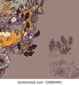 Vector decorative floral background, illustration with gorgeous ornamental frame. Pattern with unique flowers, birds and fabulous creatures. Can be used as greeting card, invitations, postcard.