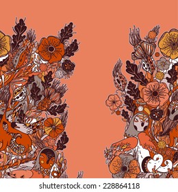 Vector decorative floral background, illustration with gorgeous ornamental frame. Pattern with unique flowers, birds and fabulous creatures. Can be used as greeting card, invitations, postcard.