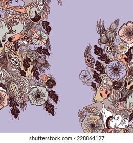 Vector decorative floral background, illustration with gorgeous ornamental frame. Pattern with unique flowers, birds and fabulous creatures. Can be used as greeting card, invitations, postcard.